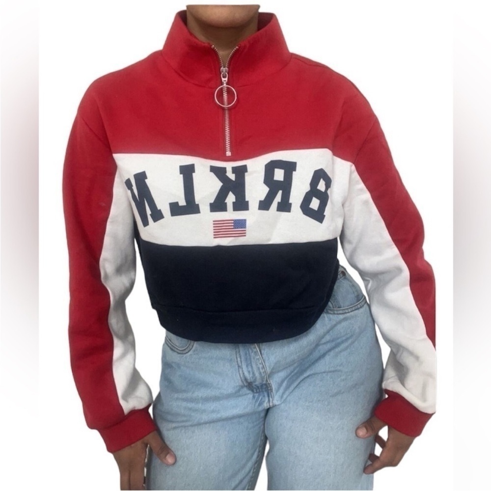 H&M Divided Size Small Red, White, & Blue Brooklyn 1/4 Zip Pullover Sweatshirt